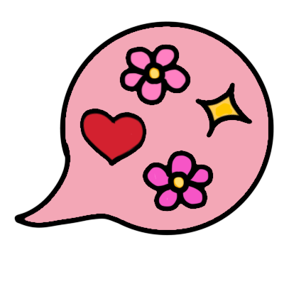 a light pink speech bubble with a love heart, two flowers, and a sparkle in it.